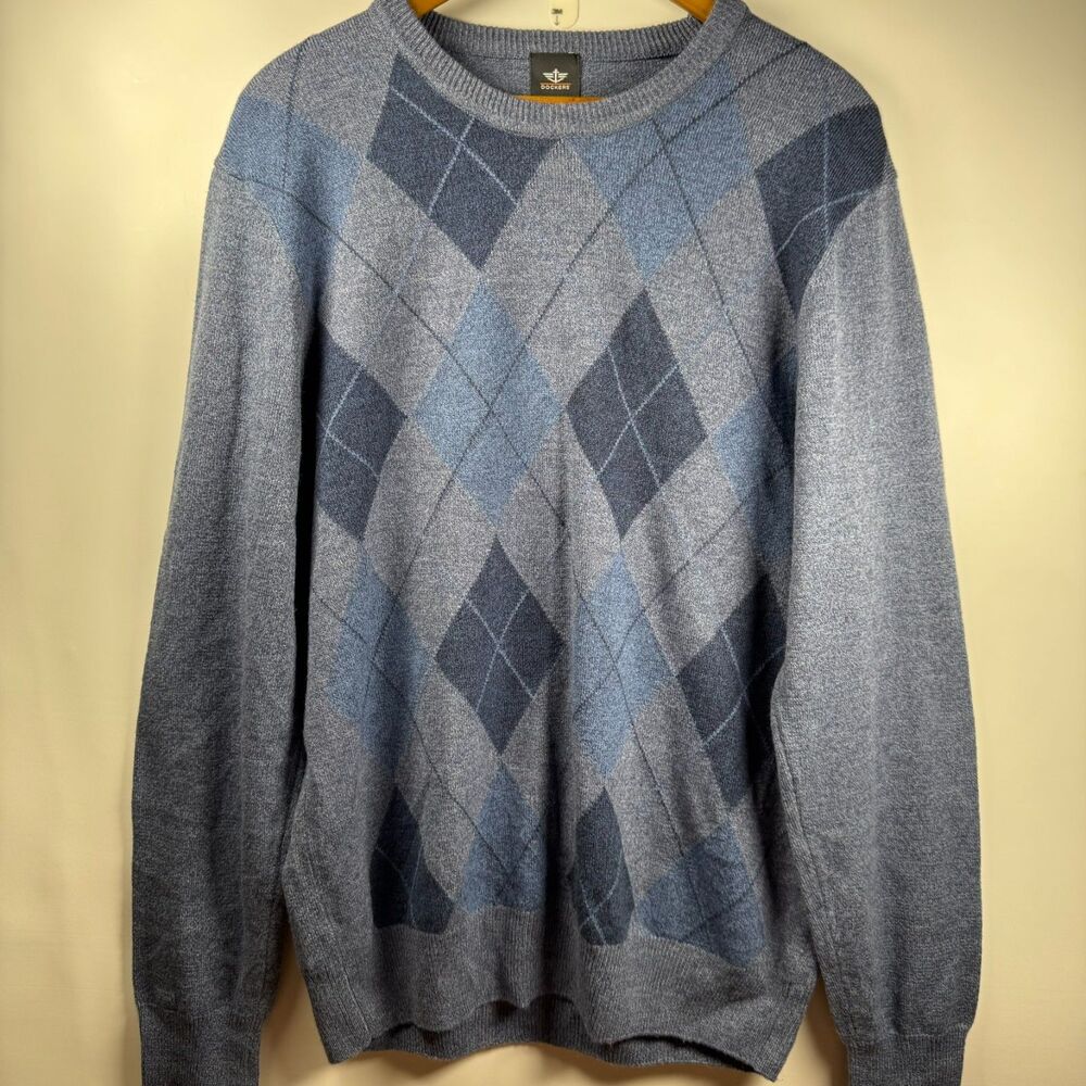 Dockers Mens Medium Blue Argyle Long Sleeve Knit Sweater Preppy Academia